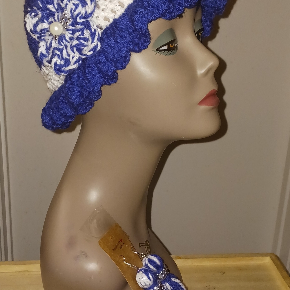 Blue and White Crochet Hat Set